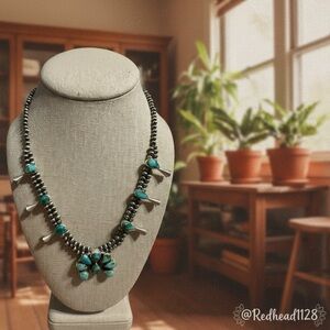 Exquisite Turquoise & Navajo Pearls Squash Blossom Sterling Silver Necklace